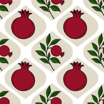 sin costura modelo de maduro granadas y hojas, arreglado en un geométrico diseño en un beige y blanco fondo, Perfecto para rosh hashaná o otoñal diseños vector