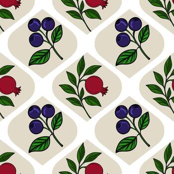 Seamless pattern with stylized pomegranates and blueberries on beige rhombus shapes, creating a unique and elegant design for textile or packaging. vector