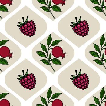 Seamless pattern with raspberries and pomegranate branches, arranged in a unique geometric design with beige rhombuses on a white background, creating a sophisticated and elegant feel. vector