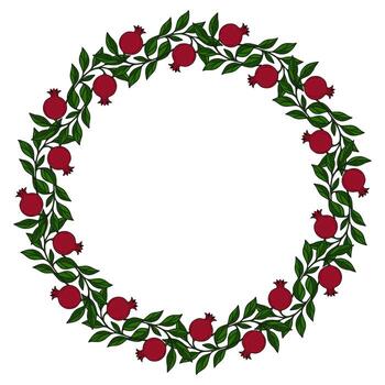 Elegant round frame design featuring a continuous pattern of pomegranate fruits and green leaves, perfect for Rosh Hashanah or autumnal themes. vector