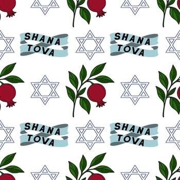 Seamless pattern featuring pomegranates, Star of David symbols, and Shana Tova ribbons, creating a festive Rosh Hashanah design. vector