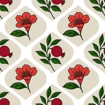 sin costura modelo con estilizado granada flores y frutas, arreglado en un geométrico en forma de diamante cuadrícula en un beige fondo, creando un sofisticado y elegante diseño. vector