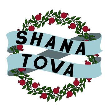 Rosh Hashanah design featuring a circular wreath of pomegranate branches and a ribbon banner with Shana Tova text, creating a festive and elegant holiday greeting. vector