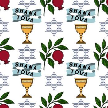 Seamless Rosh Hashanah pattern with pomegranates, Stars of David, Kiddush cups, and Shana Tova ribbons, designed in a handdrawn style with bold outlines and vibrant colors. vector