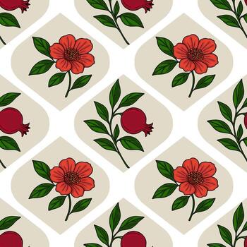 Seamless pattern of stylized pomegranate flowers and fruits in a repeating geometric design, featuring vibrant red and green hues on a beige background. vector