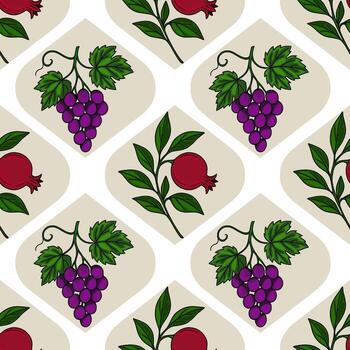 Seamless pattern of pomegranates and grapes on a beige and white background, creating a sophisticated and elegant design ideal for Rosh Hashanah celebrations or other festive occasions. vector