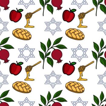 Seamless pattern with handdrawn Rosh Hashanah symbols red apples, honey dipper, pomegranate, challah bread, and Star of David, creating a festive and joyful design perfect for holiday vector