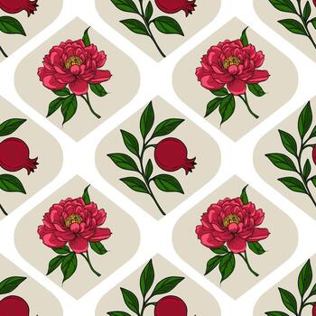 sin costura modelo presentando un repitiendo diseño de estilizado peonías y granadas, arreglado dentro un geométrico, en forma de diamante motivo en un beige y blanco antecedentes. vector