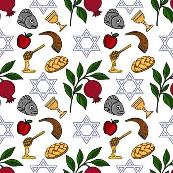 Seamless Rosh Hashanah pattern with handdrawn illustrations of apples, honey, pomegranate, shofar, challah, and the Star of David, creating a festive and traditional design. vector