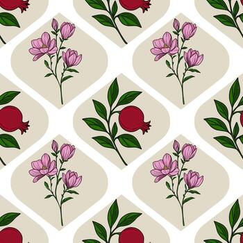 sin costura modelo con dibujado a mano ilustraciones de rosado magnolia flores y maduro granadas arreglado en un único geométrico diseño en un beige fondo, creando un sofisticado y elegante... vector