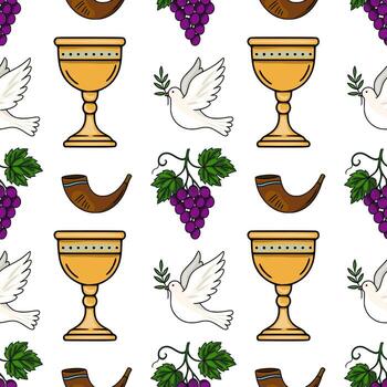 Seamless pattern featuring Rosh Hashanah symbols golden goblet, shofar, grapes, and a dove with an olive branch, creating a festive and celebratory design. vector