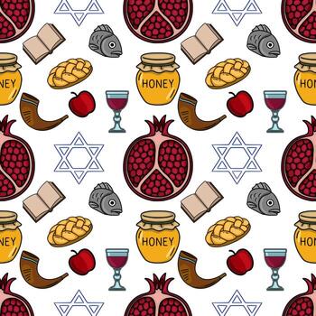 Seamless pattern with handdrawn Rosh Hashanah symbols pomegranate, honey pot, shofar, challah, apple, wine glass, fish head, Star of David, and open book, creating a festive and celebratory des... vector