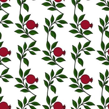 sin costura modelo de estilizado granada ramas con oscuro verde hojas y maduro rojo frutas, creando un repitiendo botánico diseño ideal para textil huellas dactilares o superficie patrones. vector