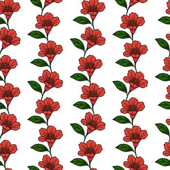 Seamless pattern of stylized red flowers pomegranate with green leaves, arranged in vertical stripes on a white background, creating a vibrant and elegant floral design. vector