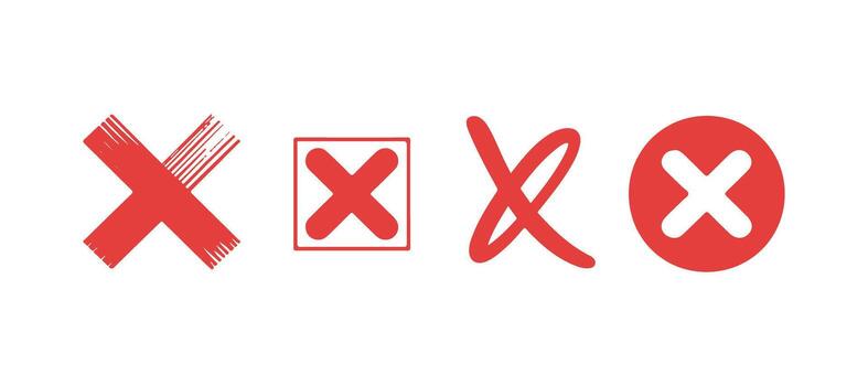 A collection of four red X marks, each with a unique hand-drawn style, presented in a silhouette. vector