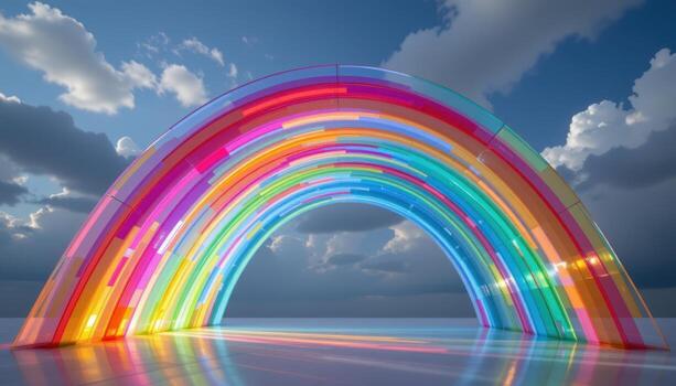 a modernist arch of layered transparent acrylic, shifting hue based on light angle. photo