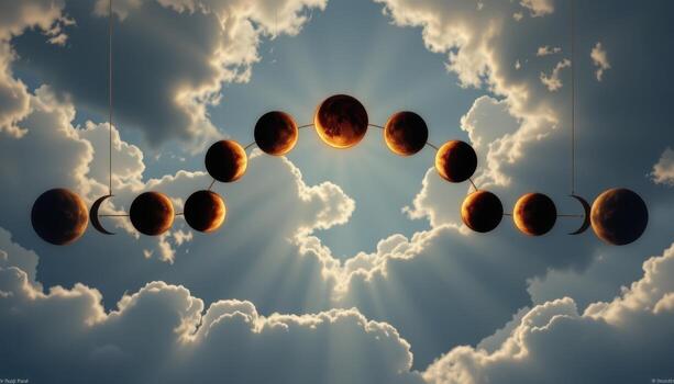 a lunar eclipse arch shaped in layers, with hanging spheres representing moon phases. photo