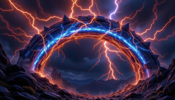 a thunder element arch with jagged electric lines and glowing blue veins. photo