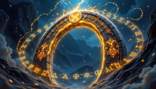 a glowing rune arch floating in midair, surrounded by magical glyphs slowly circling it. photo
