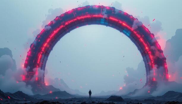 a neon lit arch decorated with pixelated edges, flickering glitches, and digital fog. photo