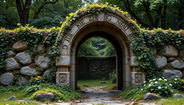 an ancient stone archway wrapped in thick ivy and moss, embellished with softly glowing rune symbols etched into its surface. photo