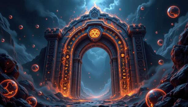 a mystical arch glowing with arcane symbols and surrounded by drifting orbs of light. photo