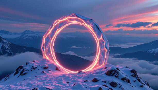 a glowing portal like arch made of translucent crystal, standing atop a snowy mountain ridge with clouds drifting below. photo