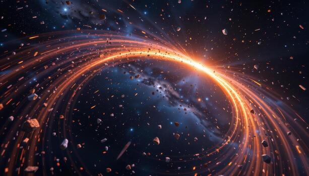 a cosmic arch embedded with meteor fragments and surrounded by softly orbiting rings of dust. photo