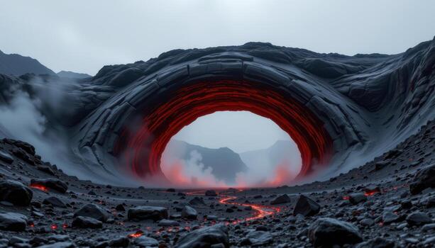 a massive black obsidian archway emerging from a lava field, steaming and glowing in places with internal heat. photo