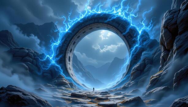 a runic arch made of basalt, shrouded in swirling blue mist and pulsing with ethereal energy. photo