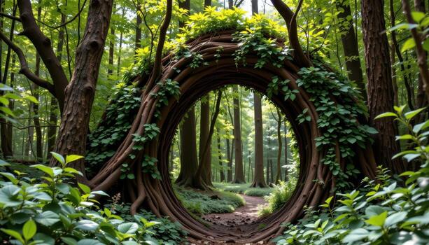 a forest archway made of intertwined living trees, forming a natural doorway between realms. photo
