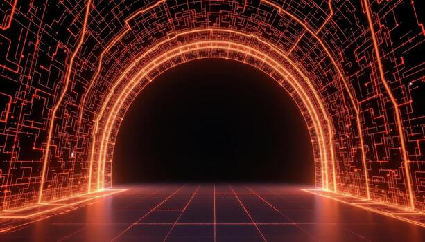 a digital style arch with pulsing grid lines, materializing from the floor in a simulation. photo