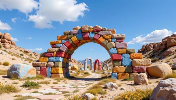 a whimsical stone arch built with multicolored blocks, emerging from a landscape of surreal geometry. photo