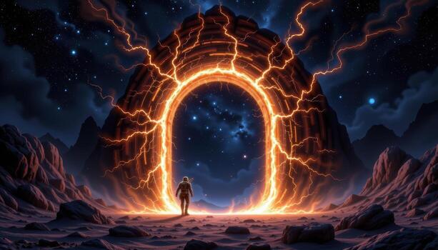 a gate formed of crackling plasma energy, outlined faintly against a dark cosmic background. photo