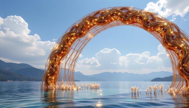 an arch of interwoven gold and copper strands, hovering above a lake of liquid light. photo