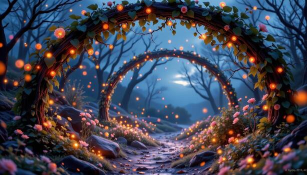 a fantasy arch outlined in bioluminescent vines and soft orbs of floating light like fireflies frozen in time. photo