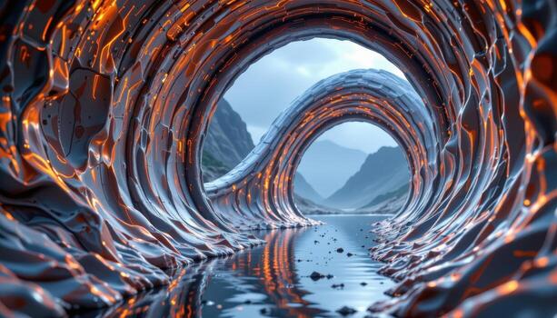 a surreal arch covered in liquid metal textures, shifting in shape under flickering ambient light. photo