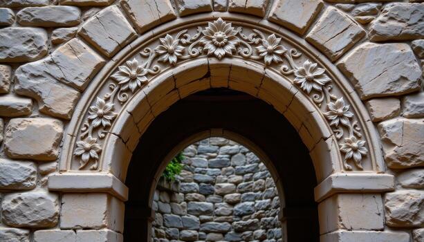a stone arch with floral motifs carved deeply into the structure, framed by low candlelight. photo