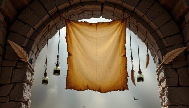 a timeworn arch wrapped in old scrolls, quills, and dusty ink bottles suspended in air. photo