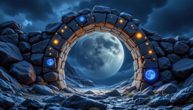 a moonstone arch embedded with glowing orbs and shifting lunar patterns. photo