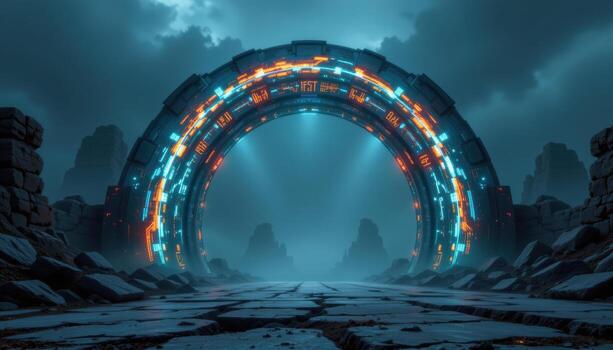 a glowing digital arch flickering with pixelated patterns, rising from the cracked pavement of a cyberpunk ruin. photo