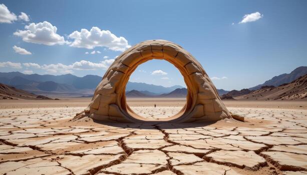 a dome shaped arch resembling an hourglass, standing in the middle of a cracked desert plain. photo