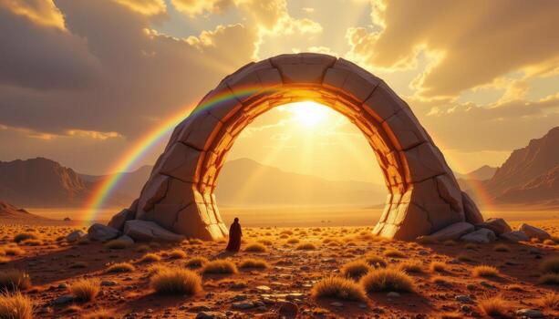 a geometric crystal arch refracting sunlight into a rainbow across a desolate plain. photo