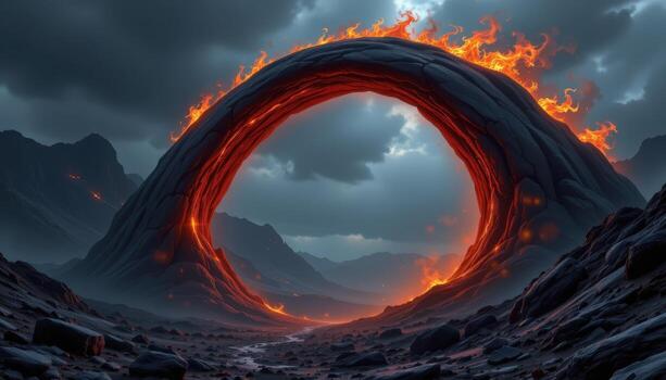 a jagged arch of obsidian and flame in a realm of shifting shadows. photo