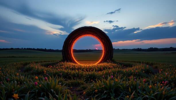a glowing arch portal rising from the center of a crop circle in a field at dusk. photo