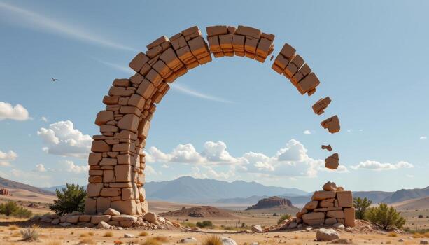 a deconstructed arch where the pieces float in midair, suggesting a portal mid assembly. photo