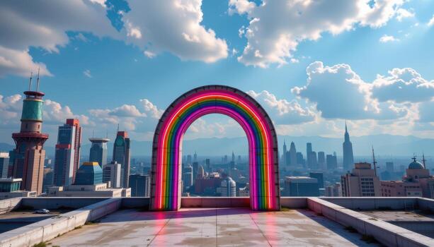 a neon arch gateway standing alone on a rooftop in a retro futuristic cityscape. photo