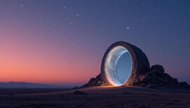 a fragile glass archway glowing faintly under soft starlight in a silent open plain. photo