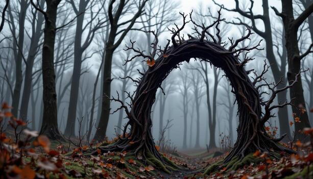 a thorn covered arch twisted from blackened branches in a cursed woodland. photo