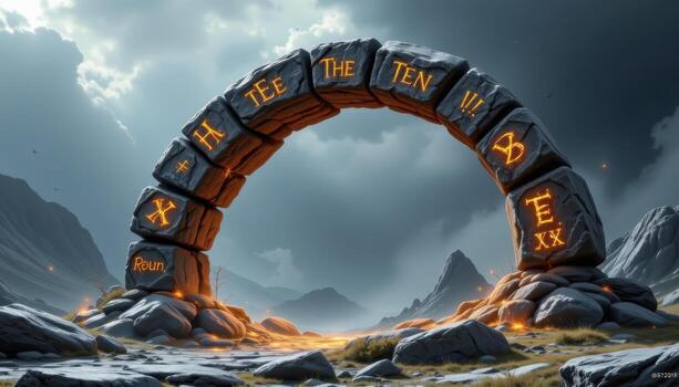 a floating arch made of levitating stones, each etched with glowing runes and surrounded by soft golden dust. photo